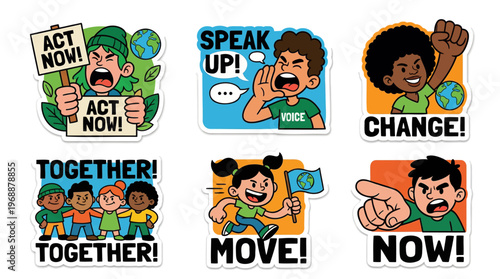 Climate action cartoon sticker set flat vector featuring diverse activists protesting for earth with act now speak up change together and move slogans for environmental awareness and justice