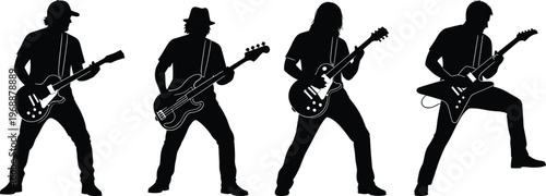 Rock band guitarist silhouettes set, musicians playing electric guitar, live music performance, stage energy, concert vibe, artistic entertainment illustration collection