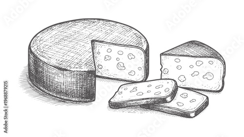 Hand drawn of a round cheese with slices and holes food dairy vintage rustic