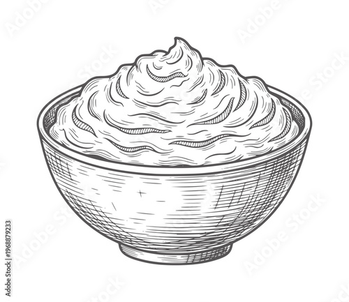 Hand drawn of whipped cream in a bowl food vintage