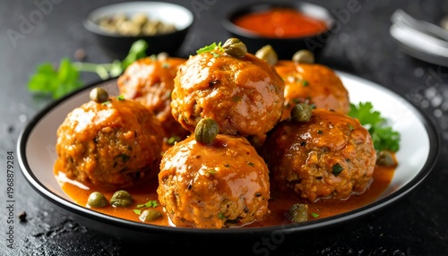 Meatballs in sauce, piled on a plate, garnished with capers and parsley. Dark backdrop, warm light