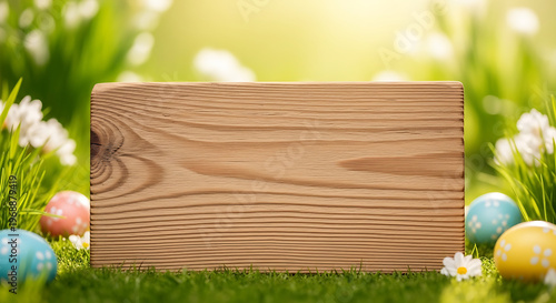 Easter eggs and wooden board on green grass with flowers outdoor scene transparent background