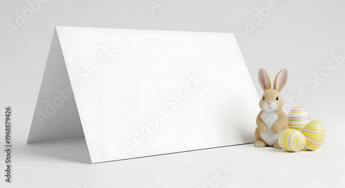 Easter bunny sitting next to colorful eggs and a blank white sign transparent background