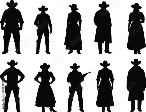 Wild west cowboy silhouettes set, western characters collection, gunslinger, sheriff, outlaw figures, vintage america theme, western lifestyle illustration