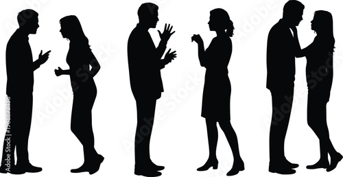 Black Silhouette Collection of Couples in Various Emotional States Including Arguing Talking and Being Romantic Representing Relationship Dynamics Communication Problems and Love Between People