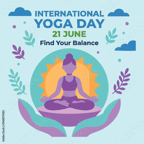 International Yoga Day Poster, Meditation and Mindfulness Concept, 21 June Yoga Celebration Vector Illustration