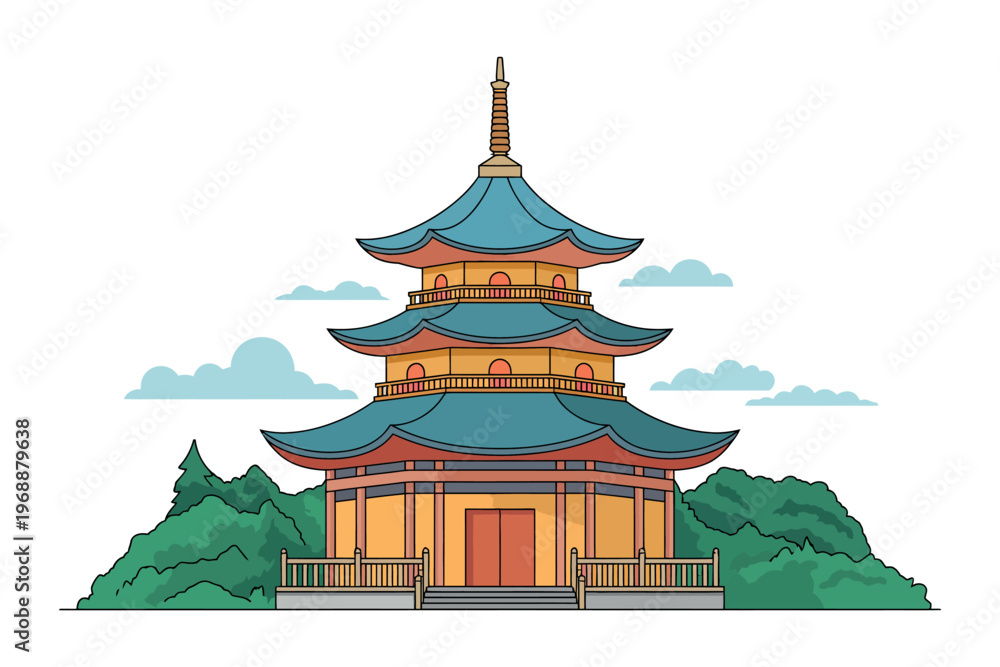 Fototapeta premium A colorful illustration of a traditional Asian pagoda temple surrounded by lush greenery and clouds