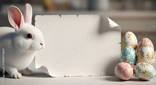 White rabbit with colorful Easter eggs and torn paper sign transparent background