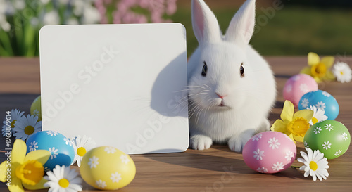 White rabbit with colorful Easter eggs and flowers on wooden table outdoor scene transparent background