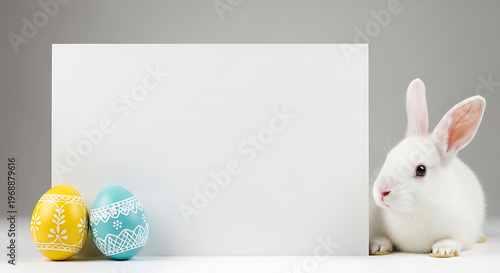 White rabbit sitting next to colorful Easter eggs and blank white sign transparent background