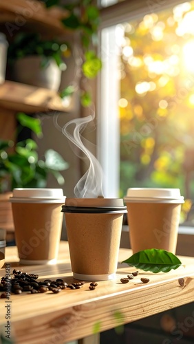Three steaming paper cups on a wooden table. Sunlight streams through a window, illuminating coffee beans and foliage