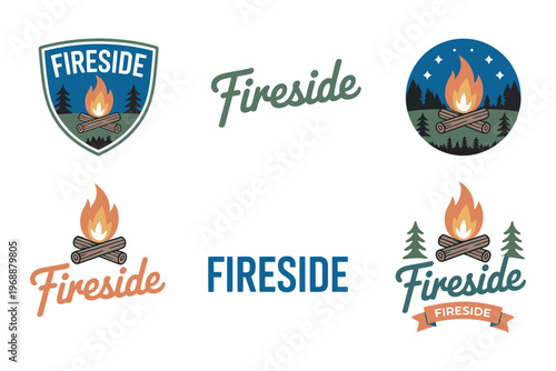 fireside logo collection, campfire and nature themed vector designs for outdoor adventure camping branding symbols