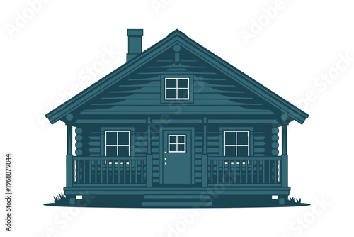 A cozy dark teal colored log cabin with a porch and chimney on a white background