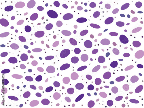 Seamless purple pattern, an abstract design with scattered oval and round dots in lavender, violet on a white background. Modern, playful texture for digital backgrounds, wallpapers,