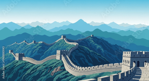 The Great Wall of China scenic mountains landscape illustration