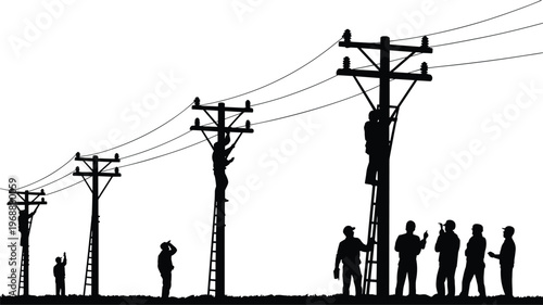 Black Silhouette of Utility Workers and Linemen Repairing Electric Power Lines on Wooden Poles with Ladders During an Industrial Maintenance and Grid Infrastructure Project