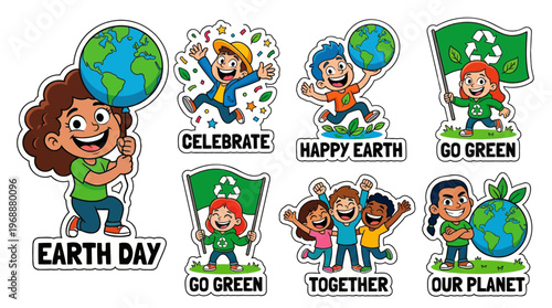 Earth Day celebration cartoon sticker set flat vector featuring diverse children with world globe recycle flag go green slogans and happy kids together for environment awareness and protection