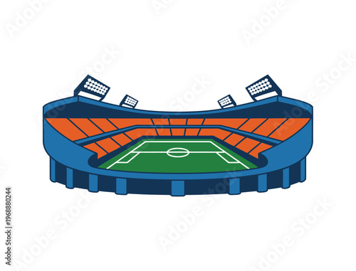 A vibrant cartoon illustration of a soccer stadium with orange seats and a green field