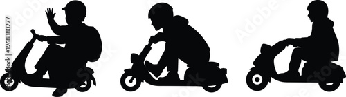 Black Silhouette Set of a Young Boy Riding a Scooter and Waving While Wearing a Helmet for Outdoor Activity Safety and Childhood Fun Illustrations