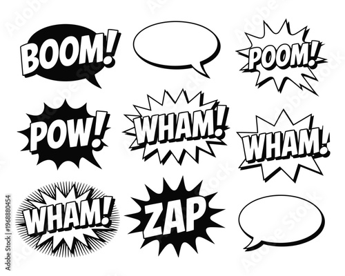 A collection of comic book style speech bubbles and sound effects on a white background