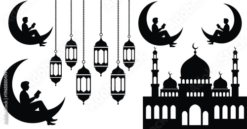 Islamic Religious Silhouette Set Featuring a Grand Mosque Traditional Hanging Lanterns and a Man Reading the Quran on a Crescent Moon for Ramadan Kareem Decoration