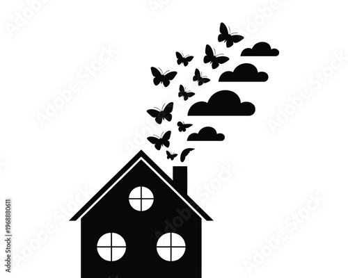A black silhouette of a house with butterflies and clouds coming out of the chimney on a white background