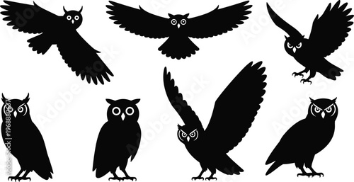 Set of Black Owl Silhouettes Including Flying and Perching Poses Isolated on White Background for Wildlife Logo Design Halloween Decor and Nature Illustrations