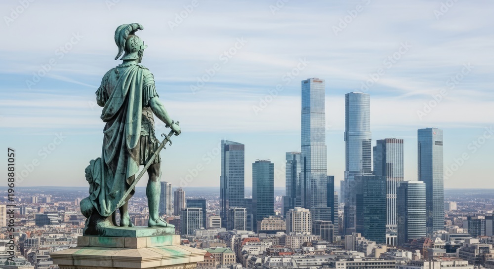 Fototapeta premium Bronze statue overlooking a modern city skyline against a clear sky