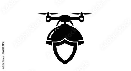 Security drone icon with protective helmet and shield. Symbol for aerial surveillance, defense technology, autonomous security systems, and UAV protection. Black minimalist silhouette isolated on whit