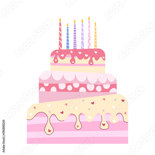 Bild auf Leinwand Big birthday cake with six burning candles and pink frosting