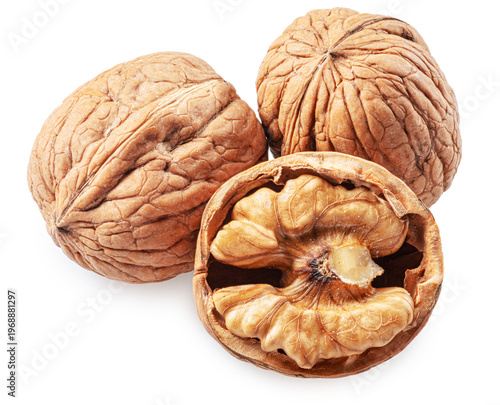 Whole walnuts and peeled walnut half isolated on white background, maximum sharpness of stacking photography method, clipping path.