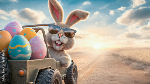 Cool bunny sits in a jeep with a trunk full of Easter eggs.