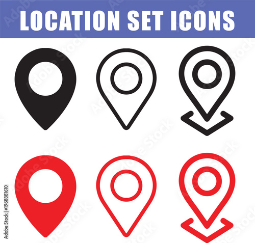 location pin icon set, map marker vector, gps navigation symbol, location pointer design, red black map pins collection, destination icon pack, geolocation marker illustration, travel navigation icons