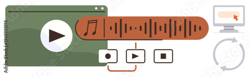 Audio editing, video production, media management, streaming, digital tools, content creation. A media player, timeline with soundwave playback tools and computer screen. Audio editing and video