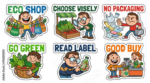 Eco shop cartoon sticker set flat vector featuring sustainable shopping with reusable bags no packaging plastic free choice read organic label go green and conscious consumerism lifestyle