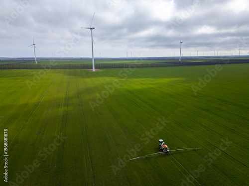 Self-propelled Sprayer Machine Working in Green Field, Aerial View