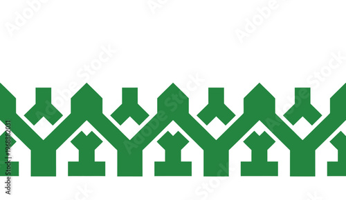 A green geometric pattern on a white background, featuring interconnected shapes and lines.