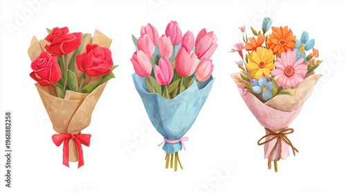 Three Flower Bouquets Cartoon Style Illustration Floral Design