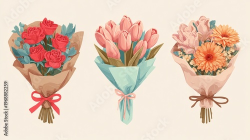 Three Flower Bouquets Cartoon Style Illustration Floral Design