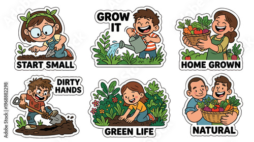 Gardening life cartoon sticker set flat vector featuring home grown vegetables start small planting seeds watering plants dirty hands and natural green life with happy family characters