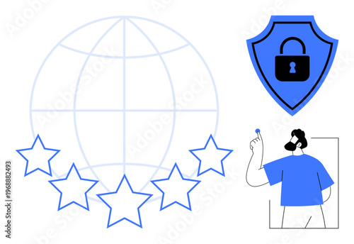 Online security, data protection, user authentication, digital trust, global safety, secure access. Globe with stars, a security shield and a person holding a key. Online security and data