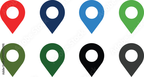Eight diverse colored map pin location markers for digital navigation and interactive interfaces