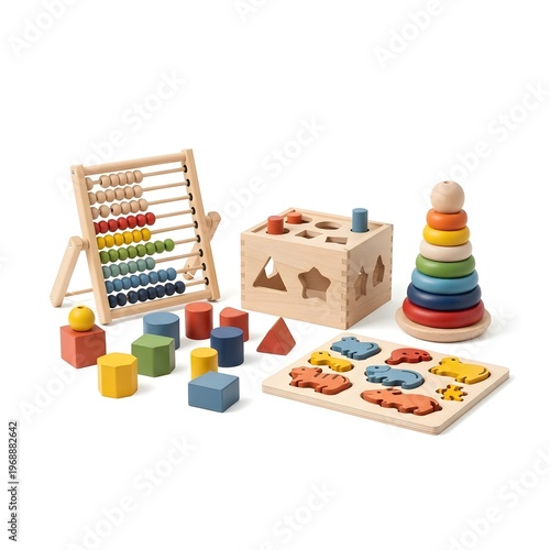 Colorful wooden educational toys for children learning and development activities