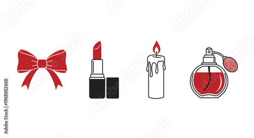 Red lipstick and cosmetic items.
