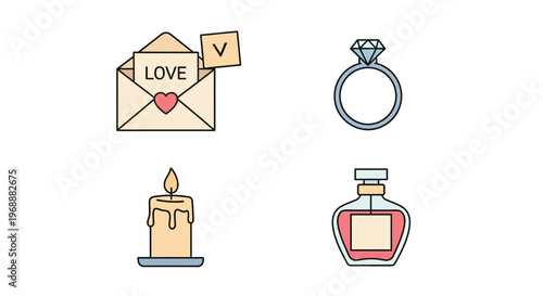 Love and romance symbol icons set.