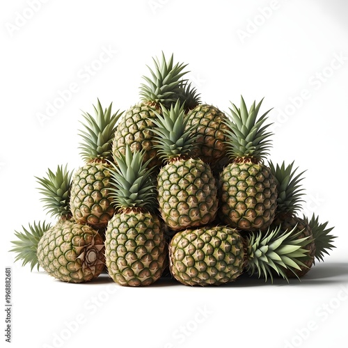 Fresh whole and halved pineapples with green spiky leaves isolated together