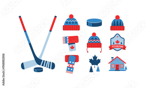 Iconic elements representing canadian ice hockey and winter tourism