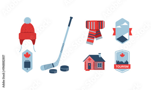 Iconic symbols representing canadian winter sports and tourism