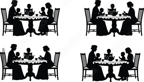Family dining silhouettes set, parents and children sitting at table drinking tea, home lifestyle, bonding moment, domestic scene illustration collection