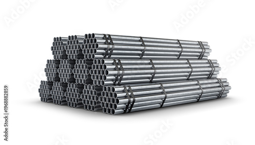 Stacked bundles of steel pipes isolated on a light background with clean studio lighting. 3d rendering
